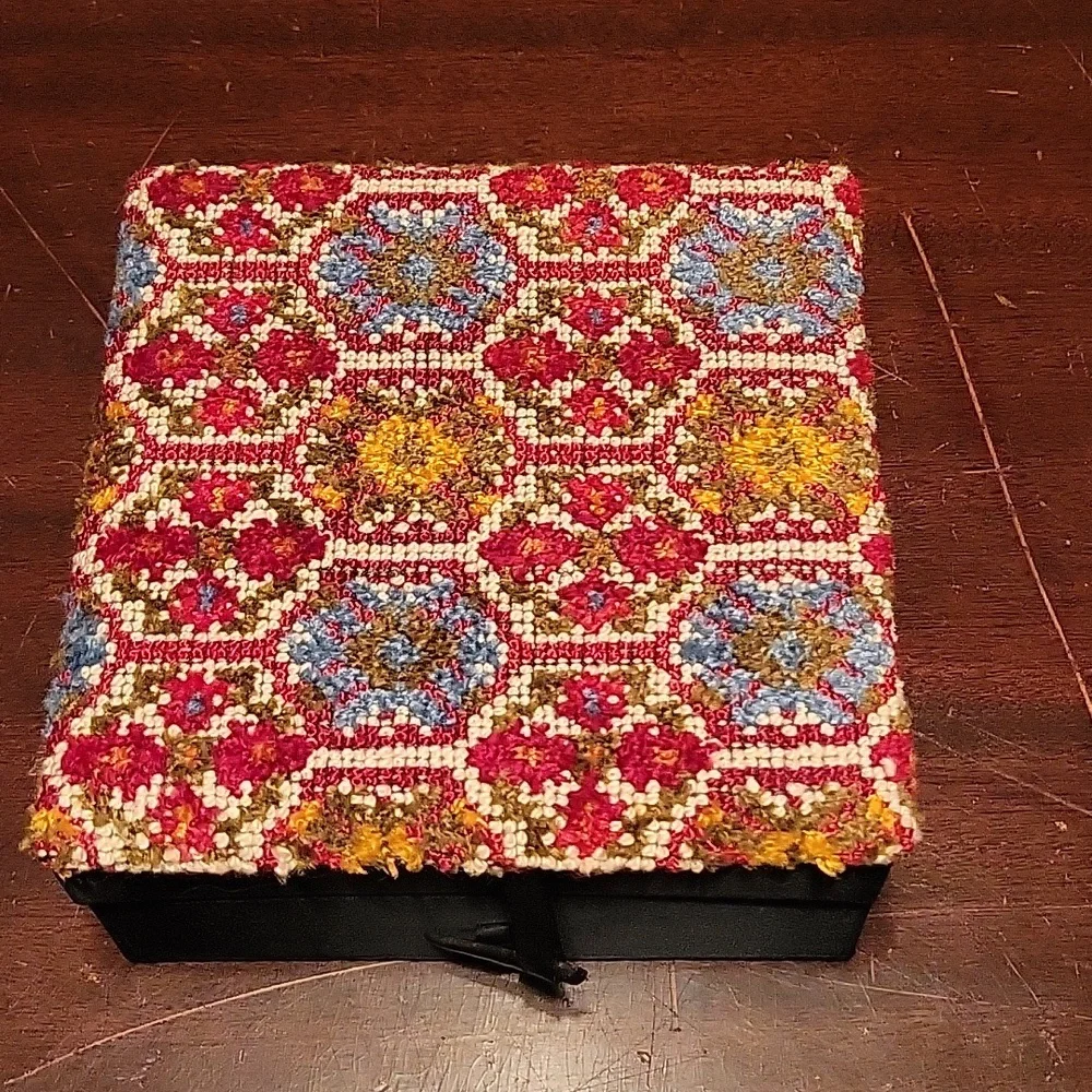 Vintage Tapestry Needlepoint Floral Jewelry Box with Aqua Blue Lining